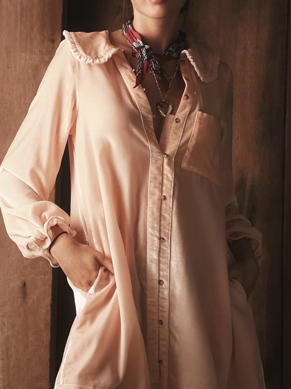 Anthropology “Pilcro” - Peach Satin Button-Up Dress with Ruffle Collar
